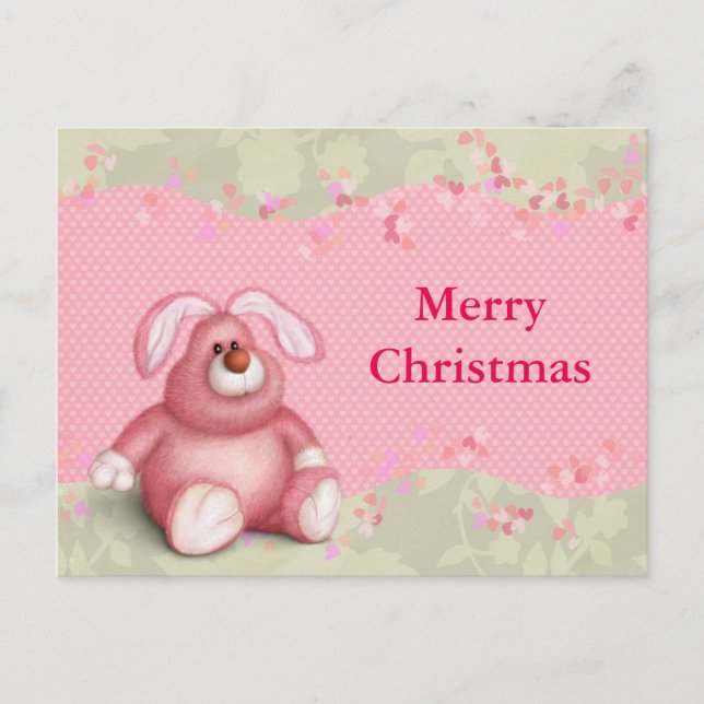 Simple Elegant Kids Teddy Pink Merry Christmas Holiday Postcard (Front)