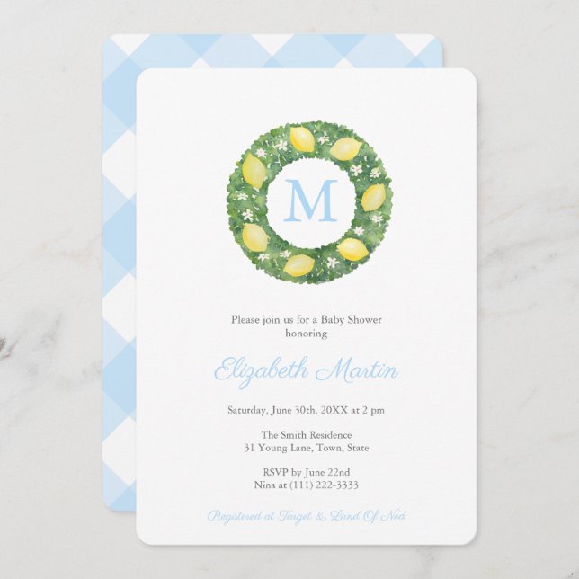 Simple Elegant Lemons Boy Baby Shower Party Invitation (Front/Back)