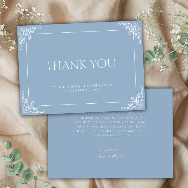 Simple Elegant Light Blue Regency Era Wedding Thank You Card (elegant simple minimalist dusty blue and white wedding thank you cards with decorative border)