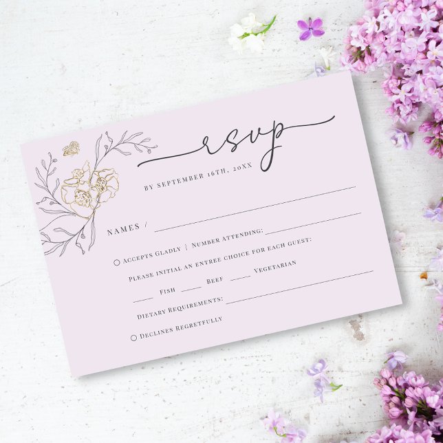 Simple Elegant Line Floral Lilac Gold Wedding RSVP Card (Creator Uploaded)