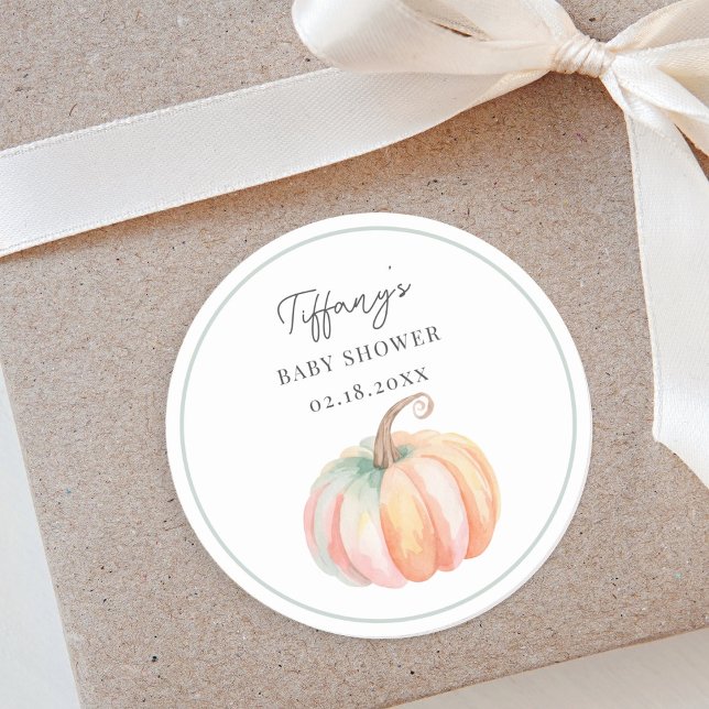 Simple Elegant Little Pumpkin Fall Baby Shower Classic Round Sticker (Creator Uploaded)