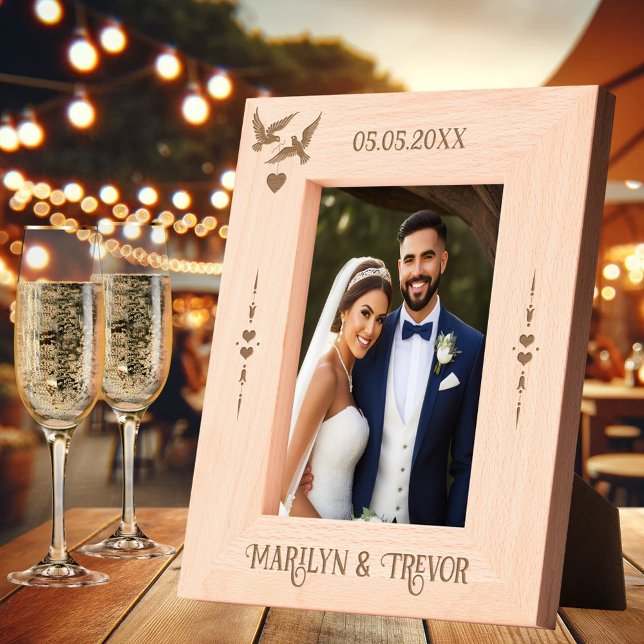 Simple Elegant Love Bird Wedding Photo Etched Frames (Etched picture frame featuring two pigeon love birds with a heart and minimalist heart ornaments)