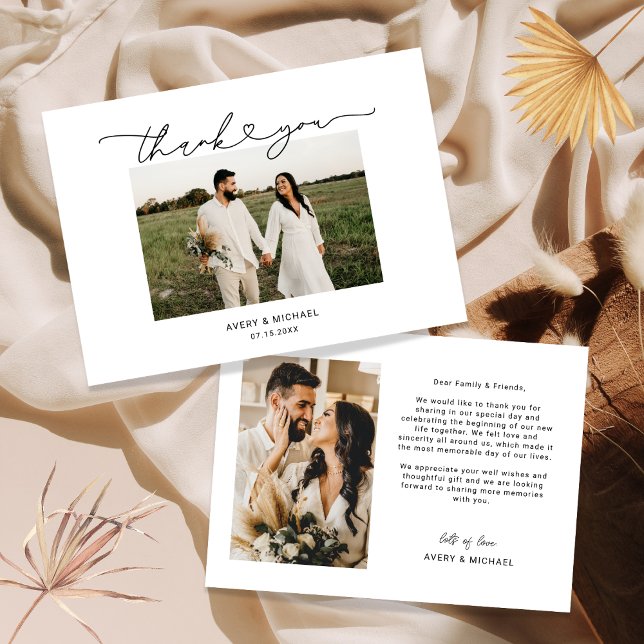 Simple Elegant Love Heart Script Wedding Photo  Th Thank You Card (Creator Uploaded)