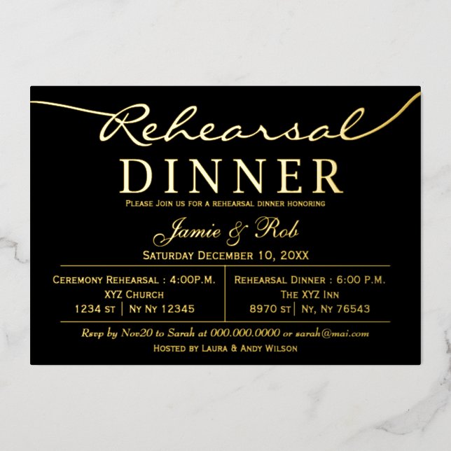 Simple Elegant Luxe Black Gold Rehearsal Dinner   (Front)