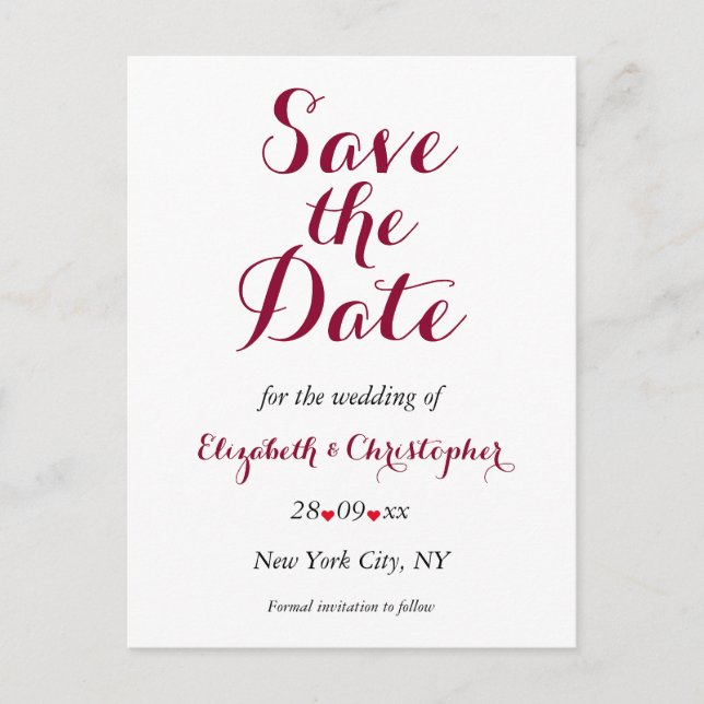 Simple Elegant Marsala White Wedding Save the Date Postcard (Front)