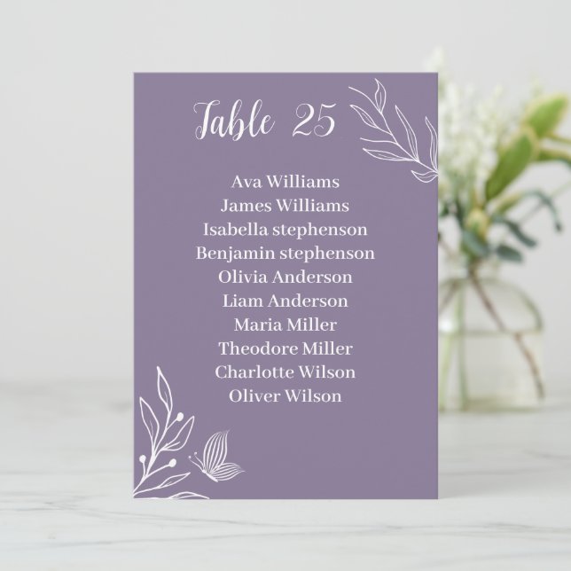 Simple elegant mauve floral seating chart card (Standing Front)