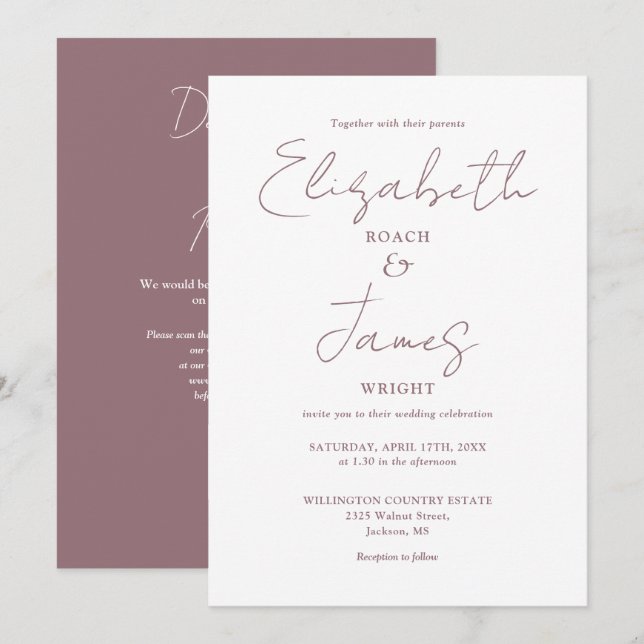 Simple Elegant Mauve Script QR Code Wedding Invitation (Front/Back)