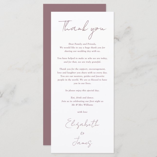 Simple Elegant Mauve Wedding Thank You Place Card (Front/Back)