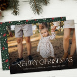 Simple Elegant Merry Christmas Floral Back  Holiday Card<br><div class="desc">This beautiful holiday photo card features stylish, modern typography on the bottom, reading, "Merry Christmas" in ivory. A dark gradient overlay allows the text to stand out against any photo. The back of the card contains a hand drawn floral and greenery pattern in traditional colours of red, green, and ivory...</div>