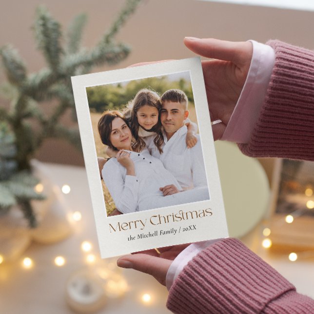 Simple Elegant Merry Christmas Floral Back PHOTO Holiday Card (Elegant Chic Photo Christmas card with floral pattern of greenery and cranberries.)