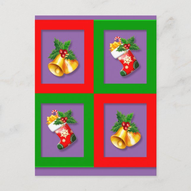 Simple Elegant Merry Christmas Stocking Bell Holly Holiday Postcard (Front)