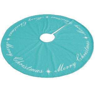 Simple Elegant Merry Christmas Turquoise Fleece Tree Skirt