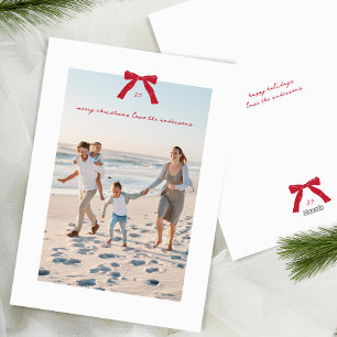 Simple Elegant Minimal Red Christmas Bow Photo Holiday Card