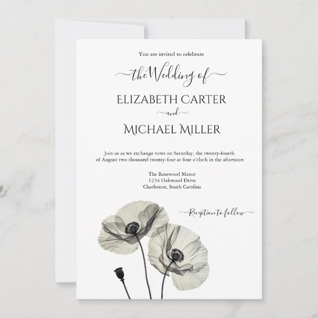 Simple Elegant Minimalism Black and White Poppies Invitation (Front)