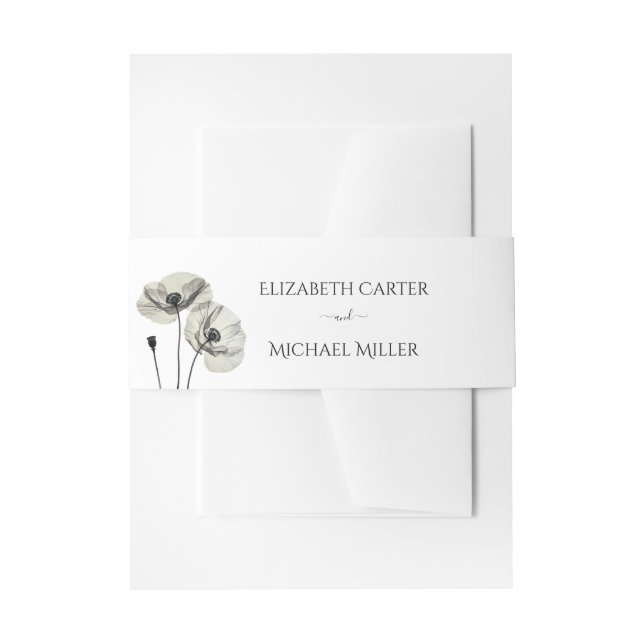 Simple Elegant Minimalism Black and White Poppies Invitation Belly Band (Front Example)