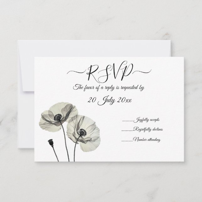 Simple Elegant Minimalism Black and White Poppies  RSVP Card (Front)