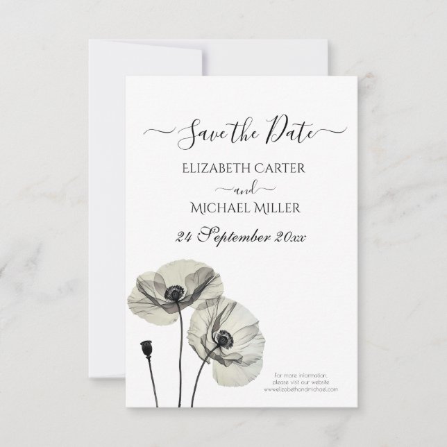 Simple Elegant Minimalism Black and White Poppies Save The Date (Front)