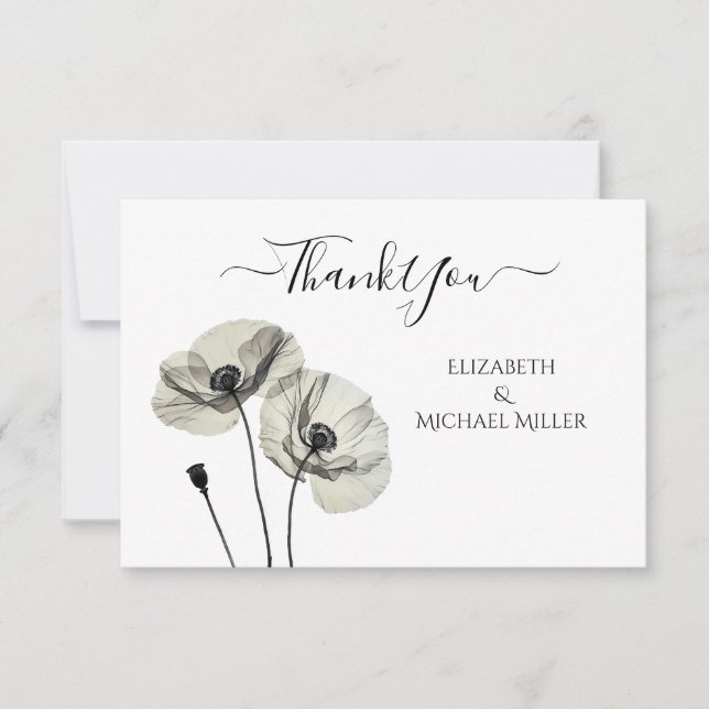 Simple Elegant Minimalism Black and White Poppies Thank You Card (Front)