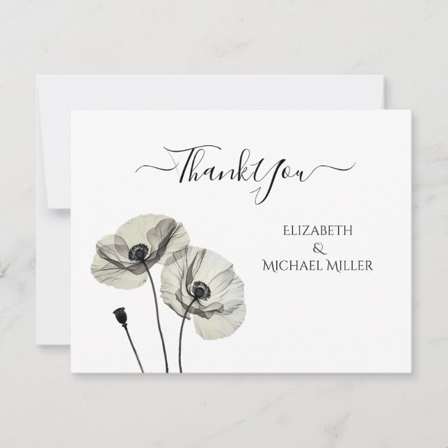 Simple Elegant Minimalism Black and White Poppies Thank You Card (Front)