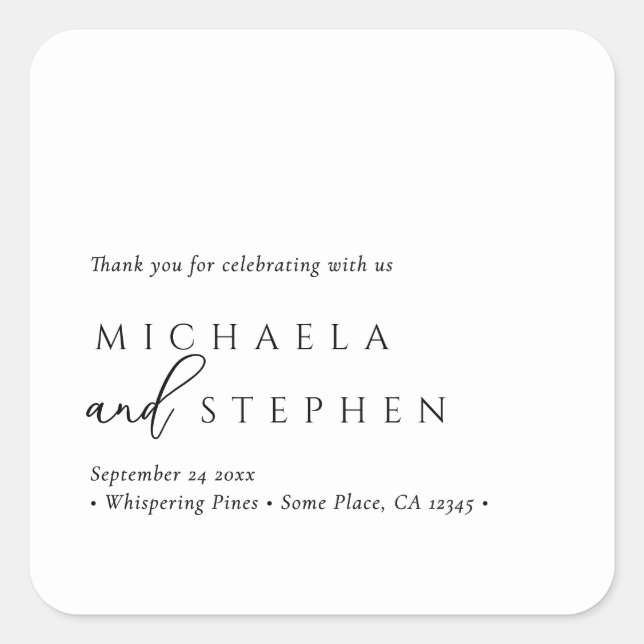 Simple Elegant Minimalist Black & White Wedding Square Sticker (Front)