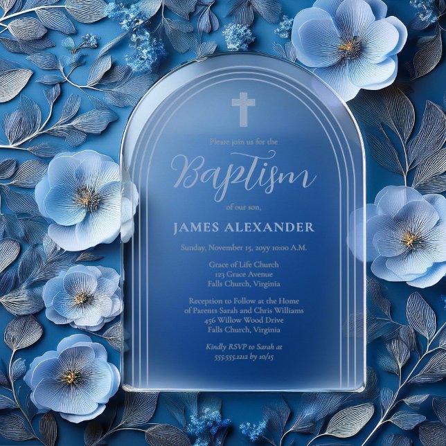 Simple Elegant Minimalist Blue Boy Baptism Acrylic Invitations (Simple Elegant Minimalist Blue and Gray on Clear (no background) Boy Baptism Acrylic Invitations)