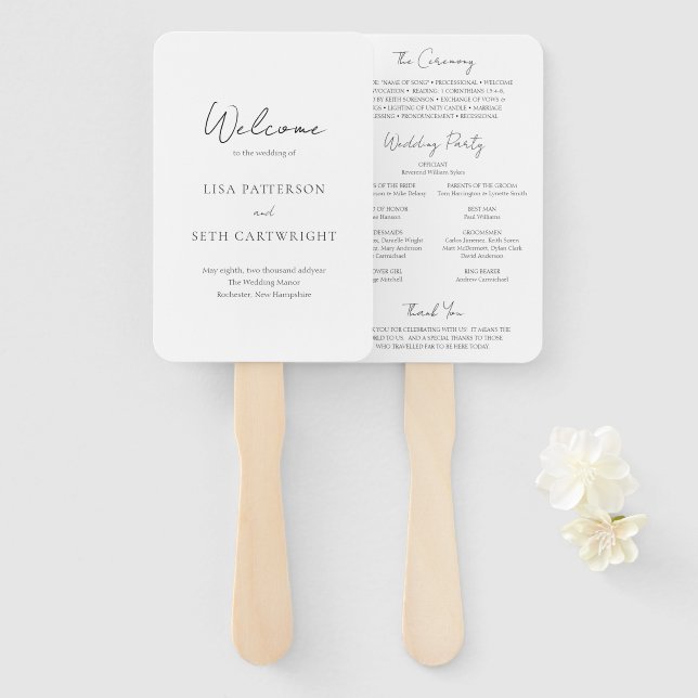 Simple Elegant Minimalist Classic Wedding Program Hand Fan (Front and Back)