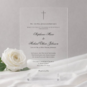 Simple Elegant Minimalist Cross Church Wedding Acrylic Invitations
