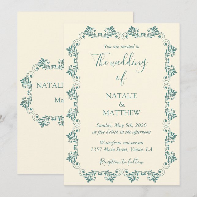 Simple, Elegant, Minimalist, Damask Ornament Invitation (Front/Back)