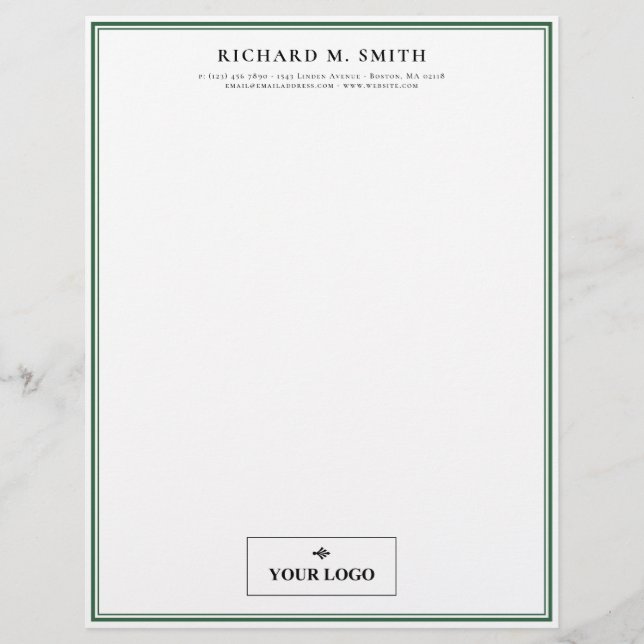 Simple Elegant Minimalist Green White With Logo Custom Letterhead (Front)