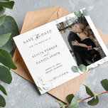 Simple elegant minimalist greenery photo wedding save the date<br><div class="desc">Botanical greenery eucalyptus sage leaves simple minimal chic calligraphy formal photo wedding save the date.              Personalise it with your details and image!              Suitable for spring summer fall garden classic weddings.</div>