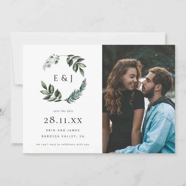 Simple Elegant Minimalist Greenery Wreath Photo Sa Save The Date (Front)