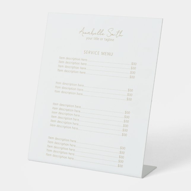 Simple Elegant Minimalist Modern Price List Gold Pedestal Sign (Front)