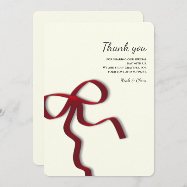 Simple Elegant Minimalist Red Bow Thank You Card (Front/Back)