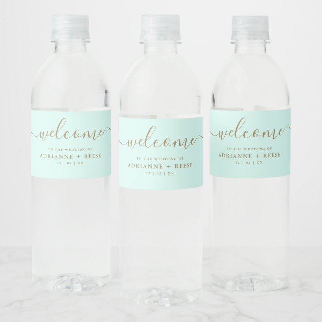 Simple Elegant Mint Green and Gold Wedding Water B Water Bottle Label (Bottles)