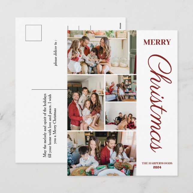 Simple Elegant modern 5 photo Christmas Family Holiday Postcard (Front/Back)