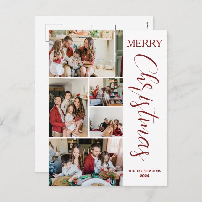 Simple Elegant modern 5 photo Christmas Family Holiday Postcard (Front/Back)