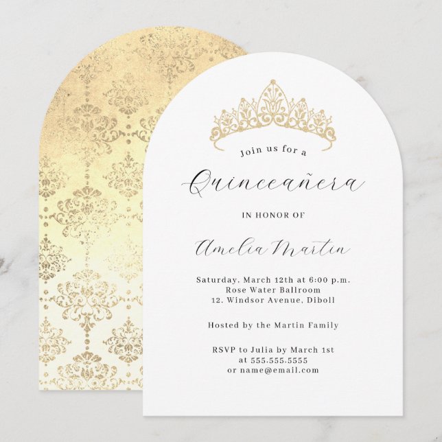 Simple Elegant Modern Arch Gold Tiara Quinceanera  Invitation (Front/Back)