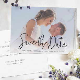 Simple Elegant Modern Black Script Photo Wedding  Save The Date