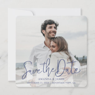 Simple Elegant Modern Blue Script Photo Wedding Save The Date