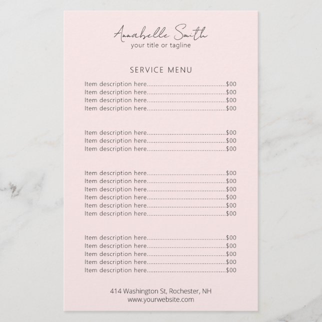 Simple Elegant Modern Blush Pink Price List (Front)