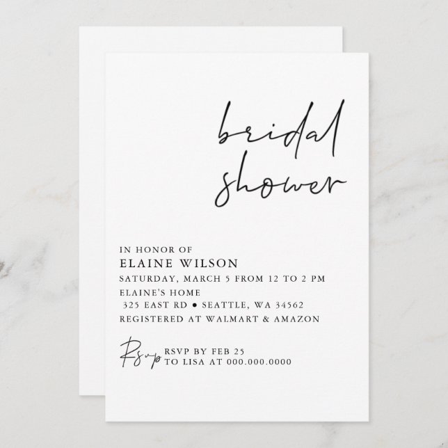 Simple Elegant Modern Bridal Shower  Invitation (Front/Back)