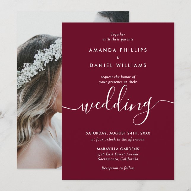 Simple Elegant Modern Burgundy Photo Wedding Invitation (Front/Back)