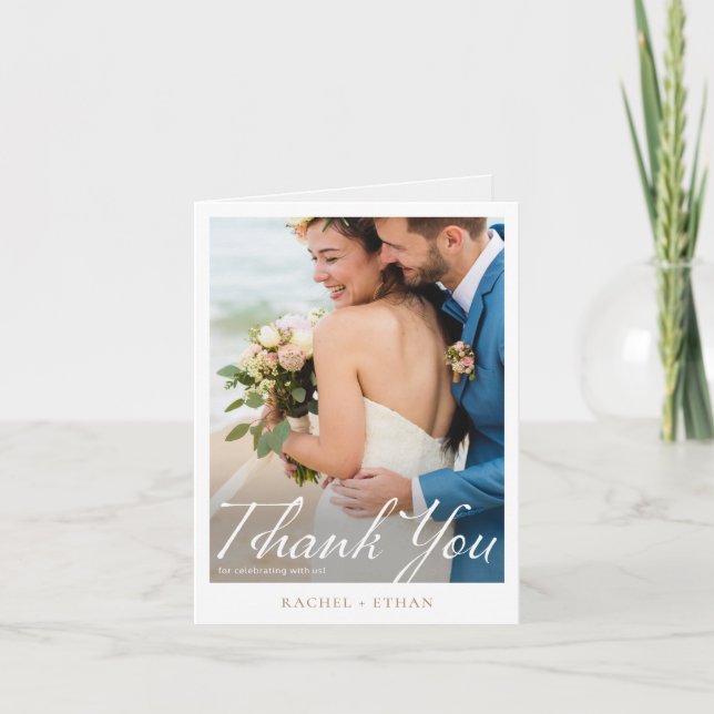 Simple Elegant Modern Gold Photo Wedding Thank You Card (Front)
