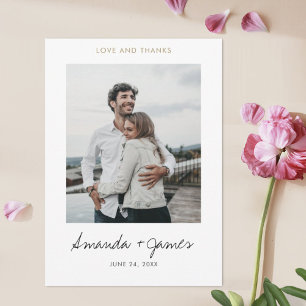 Simple Elegant Modern Gold Script Photo Wedding Thank You Card