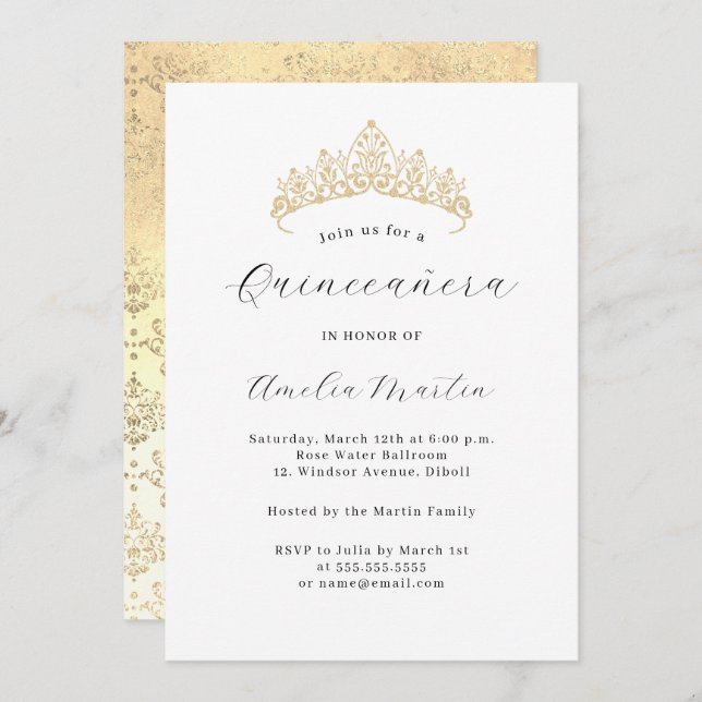 Simple Elegant Modern Gold Tiara Quinceanera  Invitation (Front/Back)