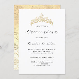 Simple Elegant Modern Gold Tiara Quinceanera Invitation