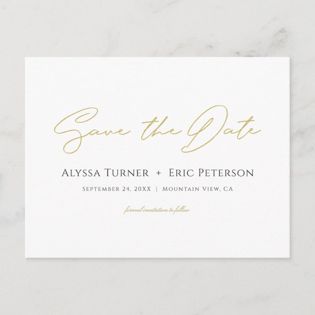 Simple Elegant Modern Gold Wedding Save the Date Announcement Postcard (Front)