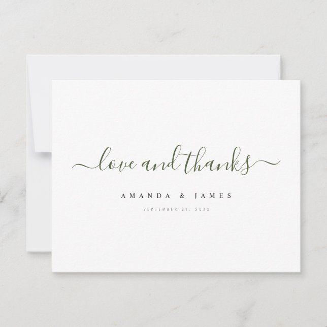 Simple Elegant Modern Green Script Wedding Thank You Card (Front)