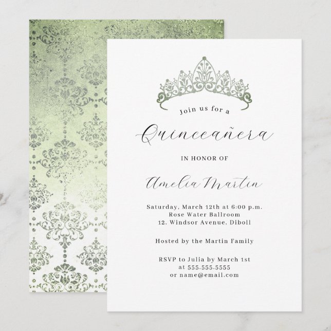 Simple Elegant Modern Green Tiara Quinceanera  Invitation (Front/Back)