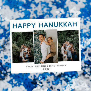 Simple Elegant Modern Hanukkah family 3 photo Holiday Postcard